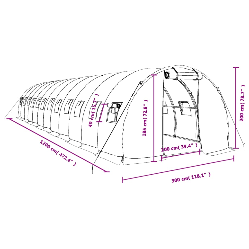 vidaXL Staklenik s čeličnim okvirom bijeli 36 m² 12 x 3 x 2 m