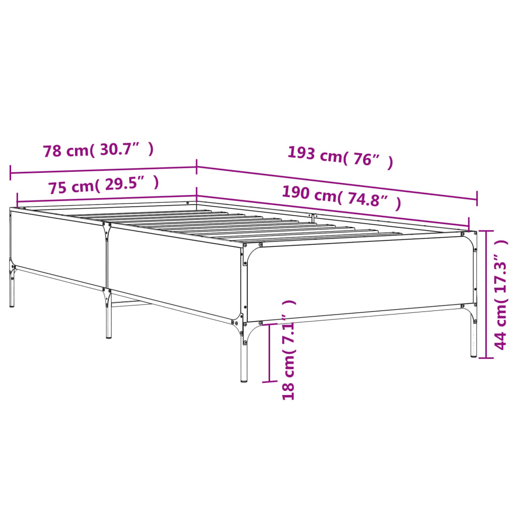 vidaXL Okvir za krevet smeđi hrast 75x190 cm konstruirano drvo i metal