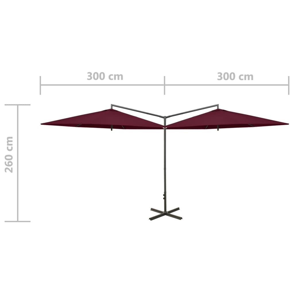 vidaXL Dvostruki vrtni suncobran s čeličnim stupom 600 cm bordo