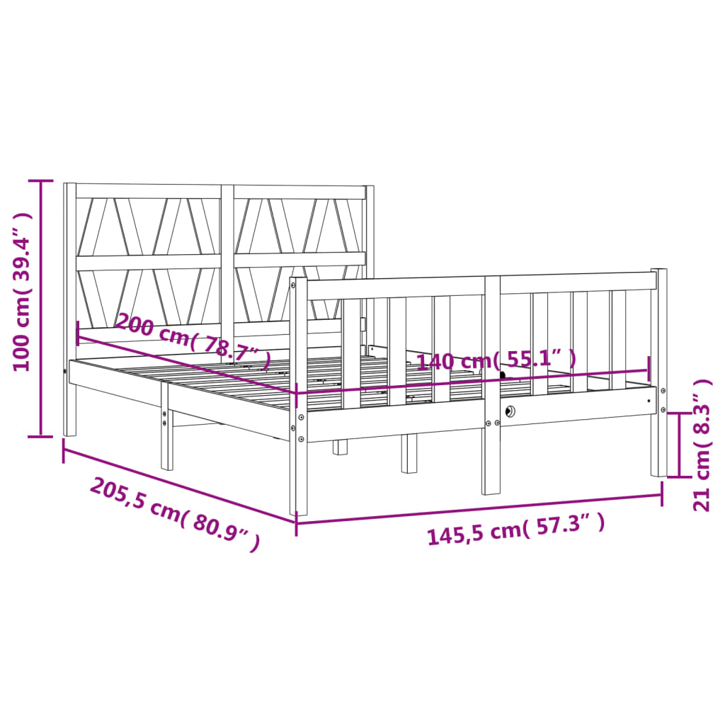 vidaXL Okvir za krevet s uzglavljem crni 140x200cm od masivnog drva