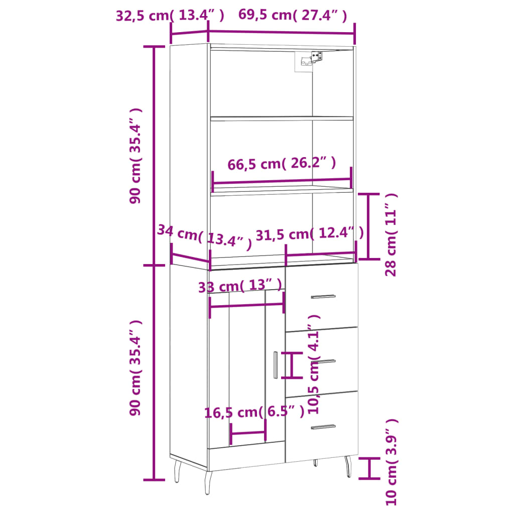 vidaXL Visoka komoda boja hrasta 69,5x34x180 cm od konstruiranog drva