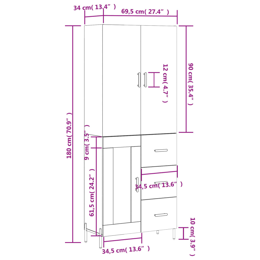 vidaXL Visoka komoda boja hrasta 69,5x34x180 cm od konstruiranog drva