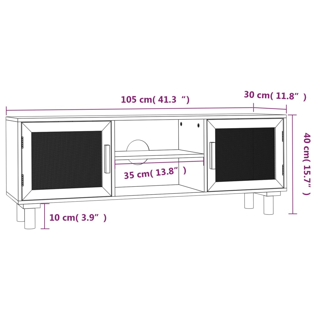 vidaXL TV ormarić smeđi 105 x 30 x 40cm od borovine i prirodnog ratana