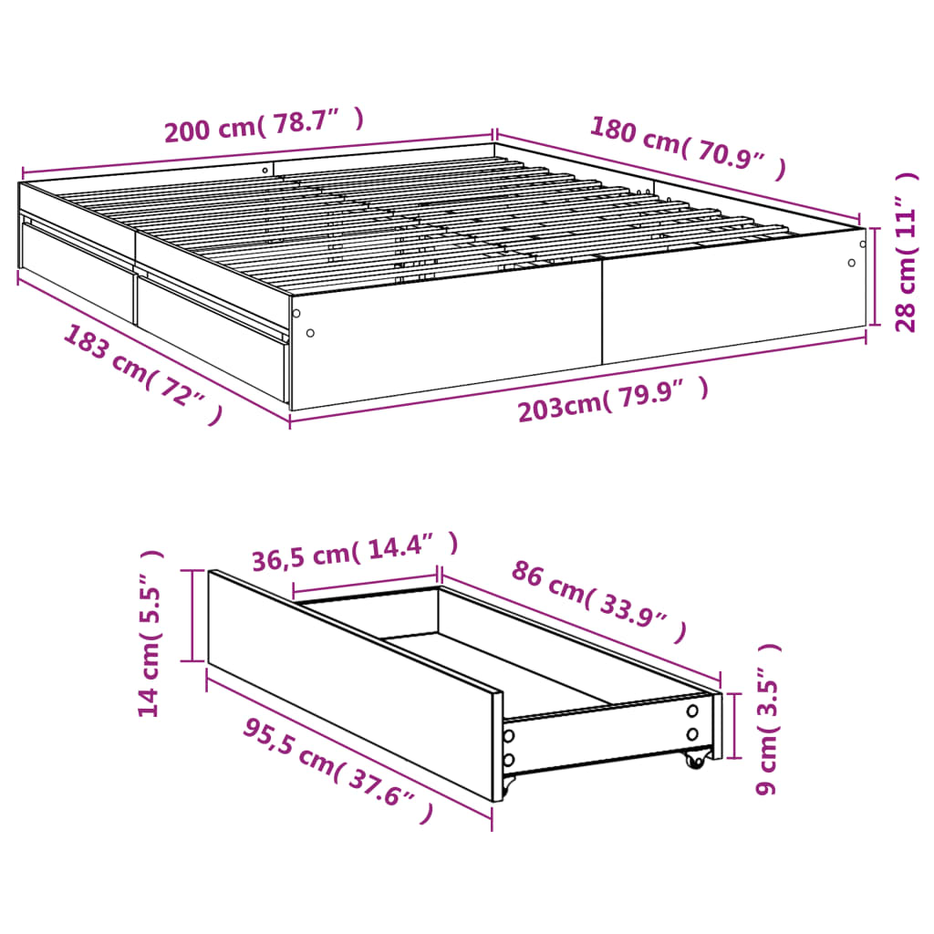 vidaXL Okvir kreveta s ladicama boja hrasta 180x200 cm