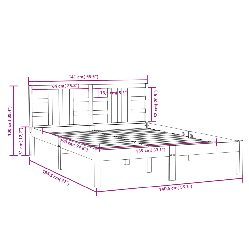 vidaXL Okvir za krevet od masivnog drva crni 135 x 190 cm 4FT6 bračni