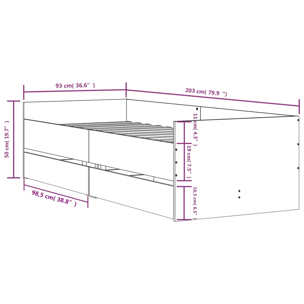 vidaXL Okvir kreveta s ladicama siva boja hrasta 90x200 cm