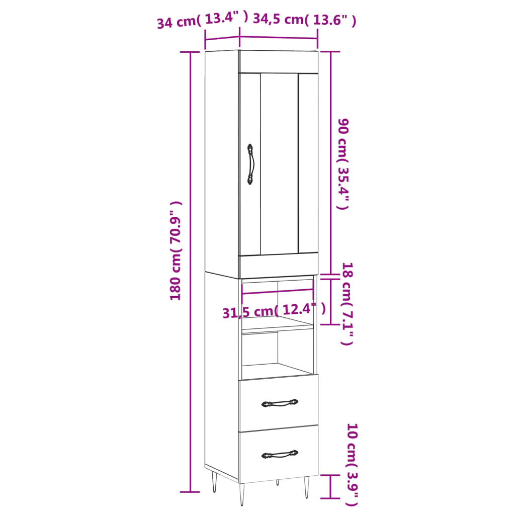 vidaXL Visoka komoda bijeli 34,5x34x180 cm od konstruiranog drva