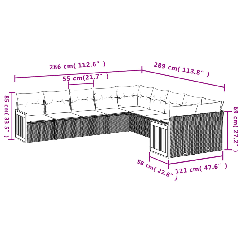 vidaXL 10-dijelni set vrtnih sofa od poliratana s jastucima sivi