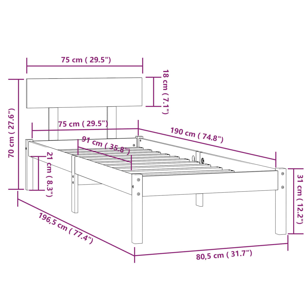 vidaXL Okvir za krevet od borovine crni 75 x 190 cm UK jednokrevetni