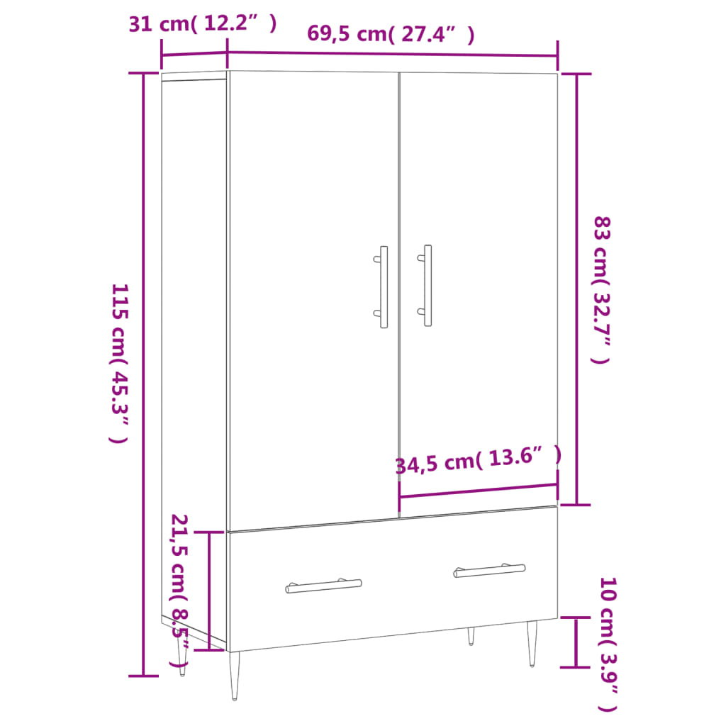 vidaXL Visoka komoda siva boja hrasta 69,5x31x115 cm konstruirano drvo