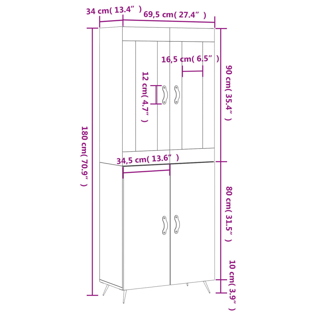 vidaXL Visoka komoda boja hrasta 69,5x34x180 cm od konstruiranog drva