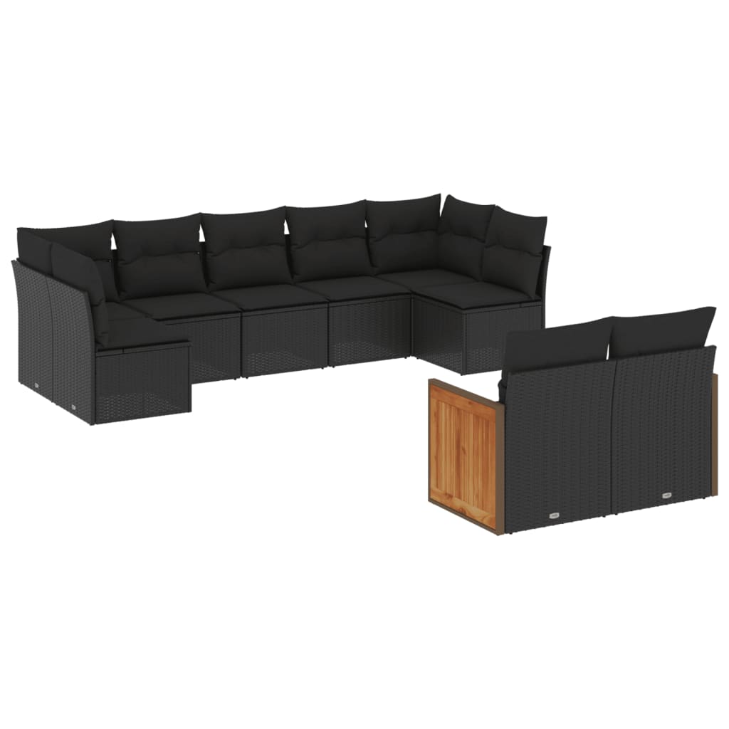 vidaXL 9-dijelni set vrtnih sofa s jastucima crni od poliratana