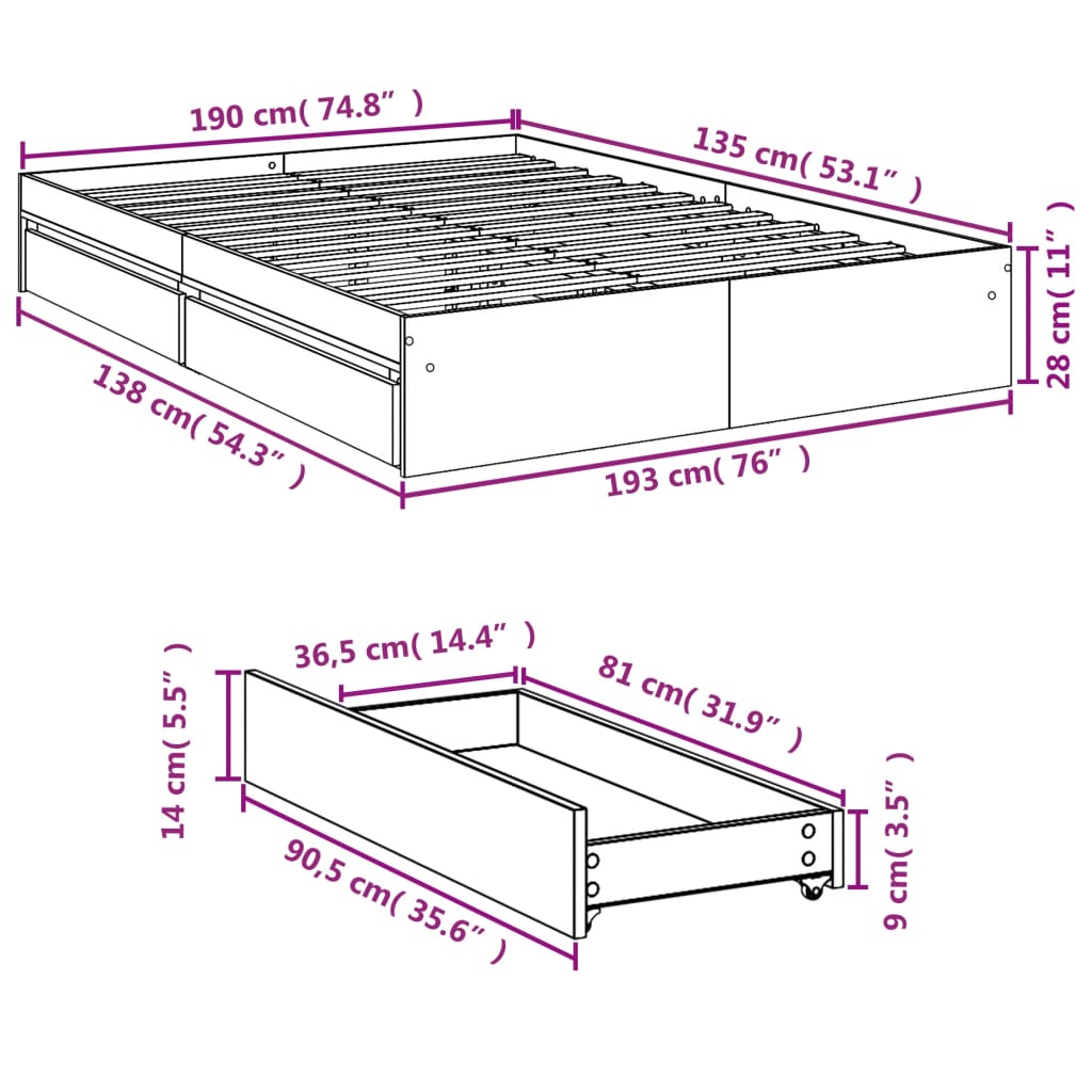 vidaXL Okvir kreveta s ladicama crni 135 x 190 cm konstruirano drvo