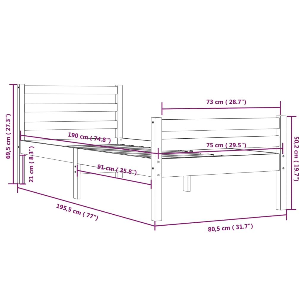 vidaXL Okvir za krevet crni drveni 75 x 190 cm 2FT6 mali jednokrevetni