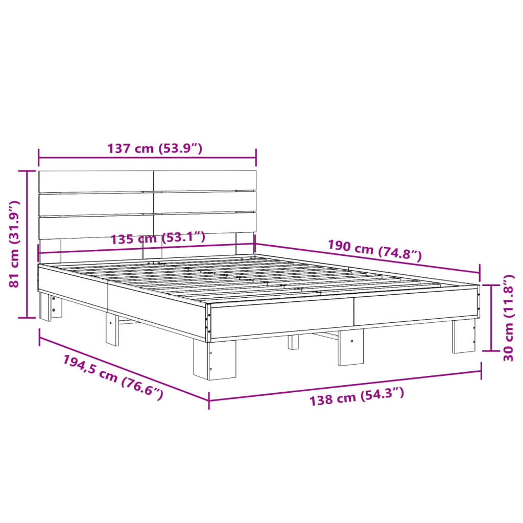 vidaXL Okvir za krevet smeđi hrast 135x190cm konstruirano drvo i metal