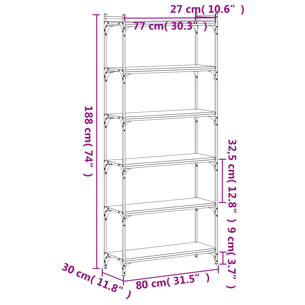 vidaXL Regal za knjige 6 razina smeđa boja hrasta 80x30x188 cm drveni